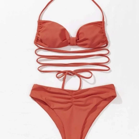 Boho Dark orange Lace up Wrap Bikini Swim Beach - Picture 3 of 4